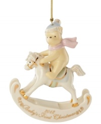 Commemorate a child's first Christmas with this lovable Winnie the Pooh ornament. Disney's sweetest baby bear rides a rocking horse in muted pastel hues with gold accents and the holiday year: 2012. Commemorate a child's first Christmas with this lovable Winnie the Pooh ornament. Disney's sweetest baby bear rides a rocking horse in muted pastel hues with gold accents and the holiday year: 2012.