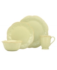 With fanciful beading and feminine shapes, Lenox French Perle place settings have an irresistibly old-fashioned sensibility. Hard-wearing stoneware is dishwasher safe and, in a soft pistachio hue with antiqued trim, a graceful addition to every meal. With fanciful beading and feminine shapes, Lenox French Perle place settings have an irresistibly old-fashioned sensibility. Hard-wearing stoneware is dishwasher safe and, in a soft pistachio hue with antiqued trim, a graceful addition to every meal.