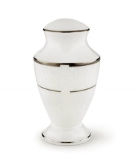 This elegant pepper shaker is accented with a delicate flourish of vine-like, white-on-white imprints with raised, iridescent enamel dots. From Lenox's dinnerware and dishes collection. This elegant pepper shaker is accented with a delicate flourish of vine-like, white-on-white imprints with raised, iridescent enamel dots. From Lenox's dinnerware and dishes collection.