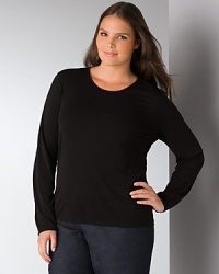 Eileen Fisher's black silk jersey top is an essential piece to build your looks upon. Layer it under dresses or under your favorite knits. Scoopneck, long sleeves Eileen Fisher's black silk jersey top is an essential piece to build your looks upon. Layer it under dresses or under your favorite knits. Scoopneck, long sleeves