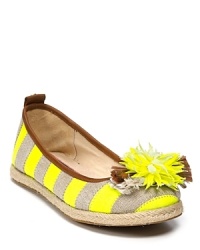 Shocking neon stripes feel especially radiant against natural linen, finished with a playful pom-pom flower. From Juicy Couture. Shocking neon stripes feel especially radiant against natural linen, finished with a playful pom-pom flower. From Juicy Couture.