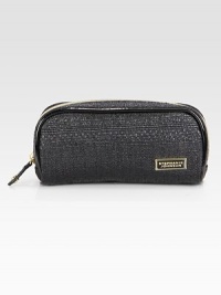 Black patent trim, periwinkle liner and gold zipper add a decidedly cool edge to not-so-basic black raffia. For the lady who craves something classic, with a twist. This compact zip-around cosmetic is just the right size for lipstick, mascara, and other beauty basics. 7W X 3H X 2D. Black patent trim, periwinkle liner and gold zipper add a decidedly cool edge to not-so-basic black raffia. For the lady who craves something classic, with a twist. This compact zip-around cosmetic is just the right size for lipstick, mascara, and other beauty basics. 7W X 3H X 2D.