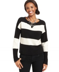 Grace Element's striped sweater is stylish simplicity that makes a statement! Dress up its subtle metallic shine with a sparkly, chunky necklace. Grace Element's striped sweater is stylish simplicity that makes a statement! Dress up its subtle metallic shine with a sparkly, chunky necklace.