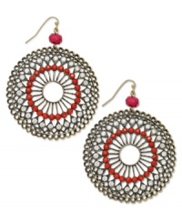 Add a little embellishment to your classic collection. INC International Concepts pretties up intricate filigree detail with coral plastic stones and pink crystal accents on these distressed brass oxidized-plated circle earrings. Crafted in mixed metal. Approximate drop: 2-3/4 inches. Add a little embellishment to your classic collection. INC International Concepts pretties up intricate filigree detail with coral plastic stones and pink crystal accents on these distressed brass oxidized-plated circle earrings. Crafted in mixed metal. Approximate drop: 2-3/4 inches.