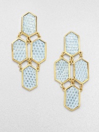 Hexagonal plaques of gold-washed lizard in a soft turquoise tint are dramatically linked in these bold drop earrings that combine the graphic with the exotic.LizardGoldplated brassDrop, about 2.5Post backMade in USA Hexagonal plaques of gold-washed lizard in a soft turquoise tint are dramatically linked in these bold drop earrings that combine the graphic with the exotic.LizardGoldplated brassDrop, about 2.5Post backMade in USA