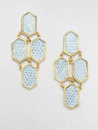 Hexagonal plaques of gold-washed lizard in a soft turquoise tint are dramatically linked in these bold drop earrings that combine the graphic with the exotic.LizardGoldplated brassDrop, about 2.5Post backMade in USA