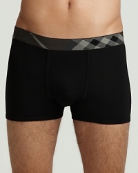 Trunks with gusset support pouch. Elasticized beat check waistband, comfort fitting.