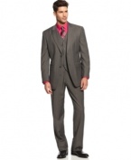 Muted charcoal on this Sean John 3-piece suit provides the freedom to play with color underneath for an eye-popping look sure to catch anyone's eye.
