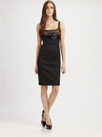 Simple elegance takes a fresh approach with a lace and bugle beaded bodice. Sleeveless Square neckline Scoop back Concealed back zip Fully lined About 24 from natural waist Top: 50% rayon/30% cotton/20% nylon Skirt: 76% polyester/17% metallic fibers/6% acetate/1% elastane Dry clean Imported of both imported and French fabrics Simple elegance takes a fresh approach with a lace and bugle beaded bodice. Sleeveless Square neckline Scoop back Concealed back zip Fully lined About 24 from natural waist Top: 50% rayon/30% cotton/20% nylon Skirt: 76% polyester/17% metallic fibers/6% acetate/1% elastane Dry clean Imported of both imported and French fabrics