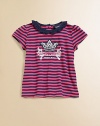 A whimsical crown applique and bold stripes give a sweet charm to this cozy cotton tee.Ruffled crewneckPuffed cap sleevesBack buttonsCottonMachine washImported Please note: Number of buttons may vary depending on size ordered. 