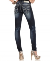 Light-up the night in statement-making denim with these skinny jeans from Rock Revival, where bold topstitch design meets an expertly faded dark wash. Light-up the night in statement-making denim with these skinny jeans from Rock Revival, where bold topstitch design meets an expertly faded dark wash.