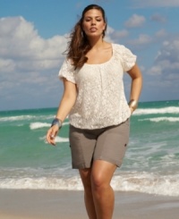 Infuse a feminine feel to your casual wardrobe with INC's lace plus size top, punctuated by a bubble hem. Infuse a feminine feel to your casual wardrobe with INC's lace plus size top, punctuated by a bubble hem.