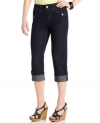Cool button tabs add a new look to Style&co.'s denim capris. Cute cuffs and tummy control give them extra appeal! Cool button tabs add a new look to Style&co.'s denim capris. Cute cuffs and tummy control give them extra appeal!