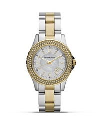 Two tones are better than one with this sporty watch from MICHAEL Michael Kors. Features like its Mother-of-Pearl dial and glitz accents make this piece a striking adding to your portfolio. Two tones are better than one with this sporty watch from MICHAEL Michael Kors. Features like its Mother-of-Pearl dial and glitz accents make this piece a striking adding to your portfolio.