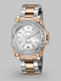 A mix of metals makes this timepiece, accented with sparkling Swarovski crystals, ever more versatile.Quartz movement Water resistant to 10 ATM Swarovski crystal bezel Stainless steel with rose IP treatment case, 37mm, (1.46) Date display at 6 o'clock Second hand Stainless steel with rose IP treatment link bracelet, 19mm (.7) Safety lock closure Imported A mix of metals makes this timepiece, accented with sparkling Swarovski crystals, ever more versatile.Quartz movement Water resistant to 10 ATM Swarovski crystal bezel Stainless steel with rose IP treatment case, 37mm, (1.46) Date display at 6 o'clock Second hand Stainless steel with rose IP treatment link bracelet, 19mm (.7) Safety lock closure Imported