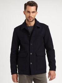 A youthful and modern representation of a classic outerwear silhouette, this donkey-style jacket is crafted in a luxurious blend of Italian wool and cashmere with expert seam detail for a smooth, sophisticated finish.Button-frontWaist flap pocketsAbout 29 from shoulder to hem70% wool/20% nylon/10% cashmereDry cleanImported of Italian fabric