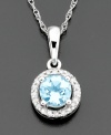 Accessorize your neckline with a light and bright pendant featuring round-cut aquamarine (3/8 ct. t.w.) surrounded by sparkling diamond accents. Set in 14k white gold. Chain measures 18 inches; drop measures 1/2 inch.