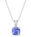 Sparkling perfection. This chic, cushion-shaped pendant features a tanzanite center stone (1-5/8 ct. t.w.) accented by a round-cut diamond. Set in 14k white gold. Approximate length: 18 inches. Approximate drop: 1/2 inch.
