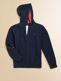 A classic fleece hoodie is updated with a plaid-lined hood for a pop of color.Attached hood with plaid liningLong sleevesButton-frontKangaroo pocket87% cotton/13% polyesterMachine washImported Please note: Number of buttons may vary depending on size ordered. A classic fleece hoodie is updated with a plaid-lined hood for a pop of color.Attached hood with plaid liningLong sleevesButton-frontKangaroo pocket87% cotton/13% polyesterMachine washImported Please note: Number of buttons may vary depending on size ordered.