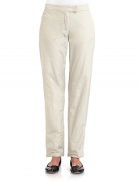 THE LOOKBanded waist with an elastic back Front zip with hook and button closureFront slash zip pocketsBack slash zip pocketsBack darts Adjustable snap tab hemTHE FITRise, about 9Inseam, about 30THE MATERIALPolyesterCotton linedCARE & ORIGINMachine wash ImportedModel shown is 5'10 (177cm) wearing US size 4. THE LOOKBanded waist with an elastic back Front zip with hook and button closureFront slash zip pocketsBack slash zip pocketsBack darts Adjustable snap tab hemTHE FITRise, about 9Inseam, about 30THE MATERIALPolyesterCotton linedCARE & ORIGINMachine wash ImportedModel shown is 5'10 (177cm) wearing US size 4.
