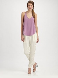 An effortless pull-on design in pure silk crepe de chine, softly pleated at the waist and slim through the legs.Elasticized waistMock flySoft front pleatsAngled front pocketsSmooth back with one button-through besom pocketRise, about 12Inseam, about 29SilkDry cleanImported An effortless pull-on design in pure silk crepe de chine, softly pleated at the waist and slim through the legs.Elasticized waistMock flySoft front pleatsAngled front pocketsSmooth back with one button-through besom pocketRise, about 12Inseam, about 29SilkDry cleanImported