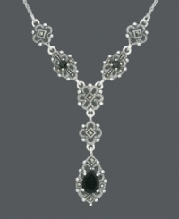 Old world glamour with modern flair. Genevieve & Grace's elegant y-shaped necklace features a filigree setting that highlights round and pear-cut onyx (3-8 mm) and sparkling marcasite. Crafted in sterling silver. Approximate length: 17 inches. Approximate drop: 1-1/2 inches. Old world glamour with modern flair. Genevieve & Grace's elegant y-shaped necklace features a filigree setting that highlights round and pear-cut onyx (3-8 mm) and sparkling marcasite. Crafted in sterling silver. Approximate length: 17 inches. Approximate drop: 1-1/2 inches.