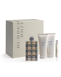 Burberry Brit for Women epitomizes modern day British style. Classic, fresh and feminine, it is a timeless scent with a spirited attitude. Experience Burberry Brit for Women with this Holiday Gift Set that includes a 3.3 fl. oz. Eau de Parfum Spray, 3.3 oz. Energizing Body Lotion, 3.3 oz. Refreshing Shower Gel and 0.25 fl. oz. travel-size Purse Spray in a gift-ready box.
