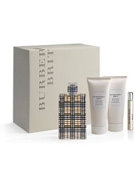 Burberry Brit for Women epitomizes modern day British style. Classic, fresh and feminine, it is a timeless scent with a spirited attitude. Experience Burberry Brit for Women with this Holiday Gift Set that includes a 3.3 fl. oz. Eau de Parfum Spray, 3.3 oz. Energizing Body Lotion, 3.3 oz. Refreshing Shower Gel and 0.25 fl. oz. travel-size Purse Spray in a gift-ready box. Burberry Brit for Women epitomizes modern day British style. Classic, fresh and feminine, it is a timeless scent with a spirited attitude. Experience Burberry Brit for Women with this Holiday Gift Set that includes a 3.3 fl. oz. Eau de Parfum Spray, 3.3 oz. Energizing Body Lotion, 3.3 oz. Refreshing Shower Gel and 0.25 fl. oz. travel-size Purse Spray in a gift-ready box.