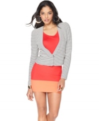 Graphic stripes make this BCBGMAXAZRIA cropped blazer a must-have for adding edge to any outfit! Graphic stripes make this BCBGMAXAZRIA cropped blazer a must-have for adding edge to any outfit!