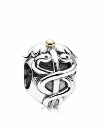 PANDORA's Life Saver charm features the mythological symbol for medicine in sterling silver with a 14K gold accent. PANDORA's Life Saver charm features the mythological symbol for medicine in sterling silver with a 14K gold accent.