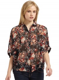 THE LOOKSheer floral designShirt collar Front button down closureThree-quarter length sleeves Back pleated detailTHE FITAbout 25 from shoulder to hemTHE MATERIALSilkCARE & ORIGINDry cleanImportedModel shown is 5'10 (177cm) wearing US size Small. 