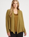 Behold, an open-front cardigan with a gorgeous draped front. Open-front styleLong sleevesAbout 26 from shoulder to hemWool/viscose/nylon/mohair/cashmere/spandexDry cleanImported of Italian fabric