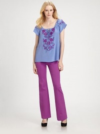 A wide flare-leg and tailored waist shape this vibrant twill design.Tab-front waistBelt loopsZip-flyFront and back patch pocketsVertical seams from hip-to-hemRise, about 10Inseam, about 3397% cotton/3% elastaneDry cleanMade in USA of Italian fabricModel shown is 5'10 (177cm) wearing US size 4. A wide flare-leg and tailored waist shape this vibrant twill design.Tab-front waistBelt loopsZip-flyFront and back patch pocketsVertical seams from hip-to-hemRise, about 10Inseam, about 3397% cotton/3% elastaneDry cleanMade in USA of Italian fabricModel shown is 5'10 (177cm) wearing US size 4.