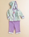 An essential three-piece set includes a crystal-embroidered hoodie and sweatpants with crystal lining, plus a polka dot bodysuit for an ultra-soft