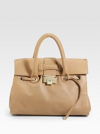 A simply elegant satchel exquisitely tailored from grained calf leather with a slim top belt and metal logo plaque.Double top handles, 3½ drop Adjustable shoulder strap, 29 to 54 drop Flip-lock flap closure Protective metal feet One inside zip pocket Two inside open pockets Suede lining 14W X 11H X 6D Made in Italy A simply elegant satchel exquisitely tailored from grained calf leather with a slim top belt and metal logo plaque.Double top handles, 3½ drop Adjustable shoulder strap, 29 to 54 drop Flip-lock flap closure Protective metal feet One inside zip pocket Two inside open pockets Suede lining 14W X 11H X 6D Made in Italy