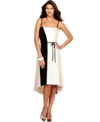 Calvin Klein's petite dress is full of fashionable details, featuring a spin on the colorblock trend and a captivating high-low hem. Calvin Klein's petite dress is full of fashionable details, featuring a spin on the colorblock trend and a captivating high-low hem.