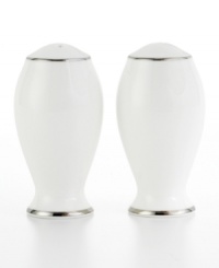 Pure refinement simply stated, the Mikasa Cameo Platinum dinnerware and dishes collection is shear elegance in classic form. Dazzling white china is delicately embellished with platinum band detailing. The understated style of these salt and pepper shakers works as well with other patterns as it does with the coordinating collection. Pure refinement simply stated, the Mikasa Cameo Platinum dinnerware and dishes collection is shear elegance in classic form. Dazzling white china is delicately embellished with platinum band detailing. The understated style of these salt and pepper shakers works as well with other patterns as it does with the coordinating collection.