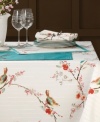Set the scene for spring with Chirp table linens. Watercolor-inspired birds and florals from the beloved Lenox pattern thrive on the microfiber tablecloth, featuring strands of tonal beads on white, easy-care polyester.