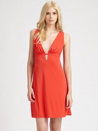 Equal parts flirty and seductive, a comfortable design with a plunging neckline and delicate front ruching. SleevelessAdjustable thin strapsFront keyholeAbout 36 from shoulder to hemPolyesterMachine washImported Equal parts flirty and seductive, a comfortable design with a plunging neckline and delicate front ruching. SleevelessAdjustable thin strapsFront keyholeAbout 36 from shoulder to hemPolyesterMachine washImported
