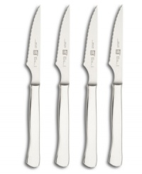 Hand-honed from ice-hardened, full carbon stainless steel, these knives cut through the thickest steak with incredible ease. Set of four knives. Stainless steel pictured on left and triple-riveted pictured on right. Carries the Henckels lifetime warranty. Hand-honed from ice-hardened, full carbon stainless steel, these knives cut through the thickest steak with incredible ease. Set of four knives. Stainless steel pictured on left and triple-riveted pictured on right. Carries the Henckels lifetime warranty.