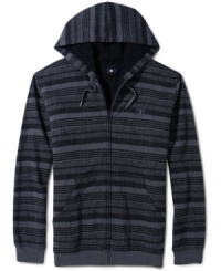 Keep warm while looking trendy in this horizontal stripe lined hoodie by DC Shoes. Keep warm while looking trendy in this horizontal stripe lined hoodie by DC Shoes.