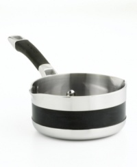 This Anolon saucepan is designed for stovetop style with seamless dual pour spouts to keep countertops clean. Three layers of metal compose the exceptional body: a thick inner core of quick and even heating aluminum is sandwiched between gleaming stainless steel. Limited lifetime warranty. This Anolon saucepan is designed for stovetop style with seamless dual pour spouts to keep countertops clean. Three layers of metal compose the exceptional body: a thick inner core of quick and even heating aluminum is sandwiched between gleaming stainless steel. Limited lifetime warranty.