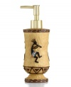 Revered by Native Americans, Kokopelli gives your bathroom an authentically Southwestern vibe. Saddle stitching frames the dancing deity on this dimpled soap and lotion dispenser. With a goldtone pump.