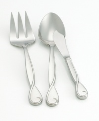The romantic ribbon motif of the Belle Boulevard collection from kate spade flows seamlessly into this flatware. A gracefully twisted handle design in quality 18/10 stainless steel adds refined luster to both formal and casual tables. Includes a cold meat fork, serving spoon and butter knife. The romantic ribbon motif of the Belle Boulevard collection from kate spade flows seamlessly into this flatware. A gracefully twisted handle design in quality 18/10 stainless steel adds refined luster to both formal and casual tables. Includes a cold meat fork, serving spoon and butter knife.