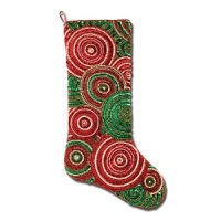 Overlapping circles in red and green are embellished with glass beads on this festive holiday stocking from Kim Seybert. Overlapping circles in red and green are embellished with glass beads on this festive holiday stocking from Kim Seybert.