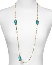Alexis Bittar's long chain necklace boasts beautiful turquoise stations with crystal encrusted bezeled settings. Drape it on over a slinky knit or silky dress for added drama. Alexis Bittar's long chain necklace boasts beautiful turquoise stations with crystal encrusted bezeled settings. Drape it on over a slinky knit or silky dress for added drama.