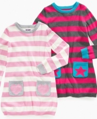 Stars or hearts, she'll love the sweet shapes on the pockets of these snuggly sweater dresses from So Jenni. Stars or hearts, she'll love the sweet shapes on the pockets of these snuggly sweater dresses from So Jenni.