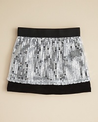 A ready-to-party sequin skirt from Sofi that frames the action with contrast bands at the waist and hem. A ready-to-party sequin skirt from Sofi that frames the action with contrast bands at the waist and hem.