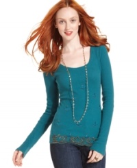 Beaded embroidery on this Lucky Brand Jeans thermal top adds a stylish spin to a wardrobe staple -- pair it with your fave denim! Beaded embroidery on this Lucky Brand Jeans thermal top adds a stylish spin to a wardrobe staple -- pair it with your fave denim!