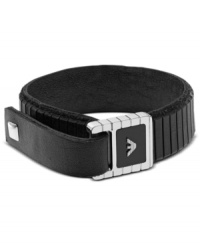 Buckle up. Emporio Armani's box clasp bracelet is crafted in black leather with an adjustable, belt-inspired closure. Features a striking polished steel accent. Approximate length: 7-1/4 inches. Buckle up. Emporio Armani's box clasp bracelet is crafted in black leather with an adjustable, belt-inspired closure. Features a striking polished steel accent. Approximate length: 7-1/4 inches.